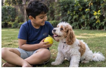 A child sits on grass holding a yellow ball beside a small white-and-brown dog