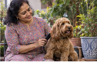 Illustration of people spending time with a Cockapoo at home or outdoors