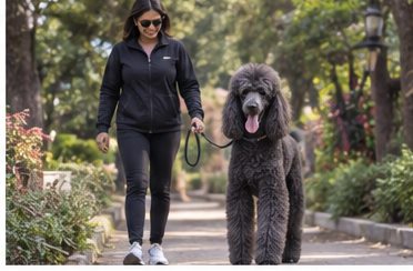 Illustration of people spending time with a Giant Poodle at home or outdoors