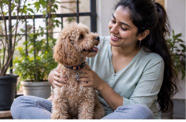 Illustration of people spending time with a Miniature Poodle at home or outdoors