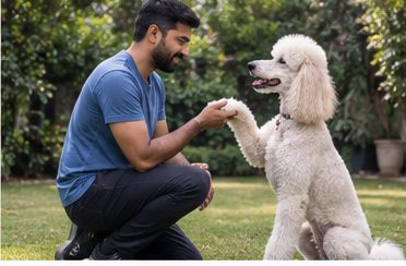 Illustration of people spending time with a Standard Poodle at home or outdoors
