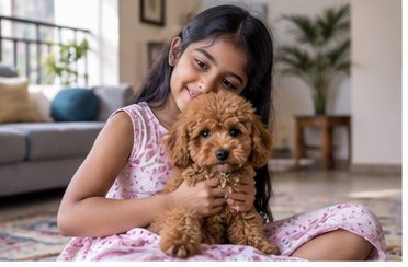 Illustration of people spending time with a Toy Poodle at home or outdoors