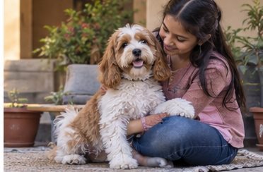 A woman sits beside a small light-colored dog outdoors with an arm around it