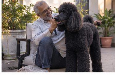 Illustration of people spending time with a Giant Poodle at home or outdoors