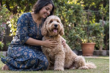 Illustration of people spending time with a Goldendoodle at home or outdoors