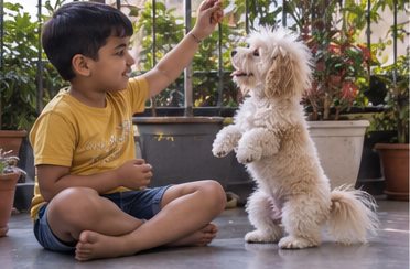 A child sits on the floor beside a small white dog.