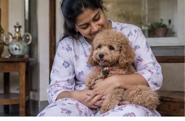 Illustration of people spending time with a Miniature Poodle at home or outdoors