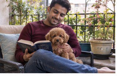 Illustration of people spending time with a Toy Poodle at home or outdoors