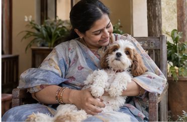 A woman cradles a small white dog while sitting on a rug