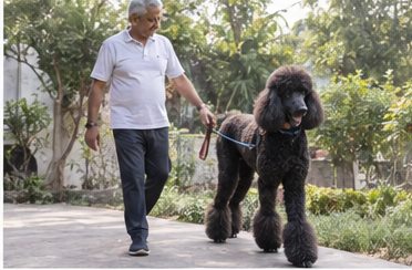 Illustration of people spending time with a Giant Poodle at home or outdoors