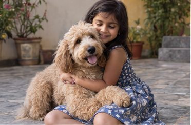 Illustration of people spending time with a Goldendoodle at home or outdoors