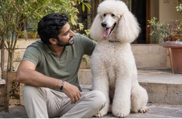 Illustration of people spending time with a Standard Poodle at home or outdoors