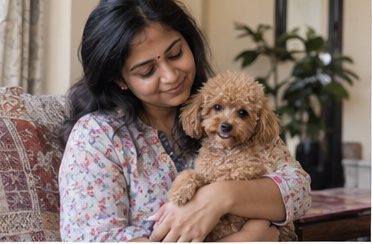 Illustration of people spending time with a Toy Poodle at home or outdoors