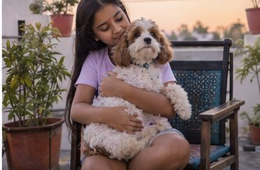 A young woman sits outside and holds a small white-and-brown dog
