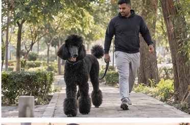 Illustration of people spending time with a Giant Poodle at home or outdoors