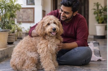 Illustration of people spending time with a Goldendoodle at home or outdoors