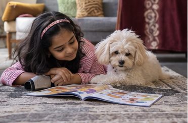 A woman reads on a bed beside a small fluffy dog.