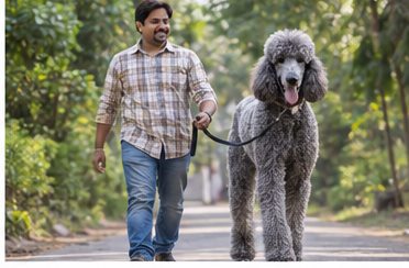 Illustration of people spending time with a Giant Poodle at home or outdoors