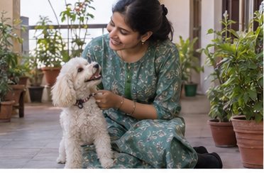 Illustration of people spending time with a Miniature Poodle at home or outdoors