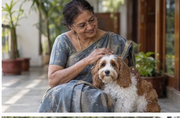 A woman in a grey-blue sari sits outdoors beside a white-and-brown dog