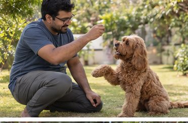 Illustration of people spending time with a Cockapoo at home or outdoors