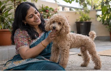 Illustration of people spending time with a Miniature Poodle at home or outdoors