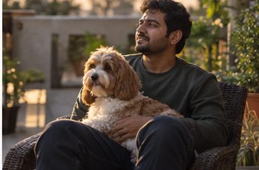 A man sits outdoors with a white-and-brown dog on his lap