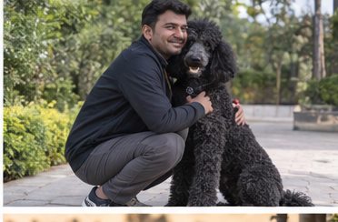 Illustration of people spending time with a Giant Poodle at home or outdoors