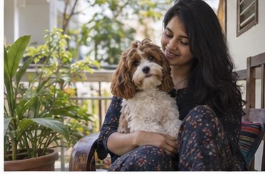 A woman sits on a balcony and holds a small brown-and-white dog