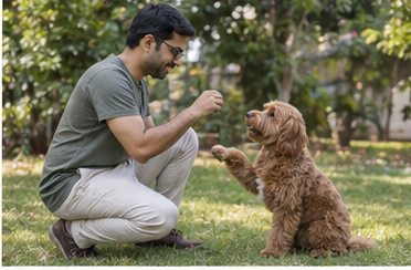 Illustration of people spending time with a Cockapoo at home or outdoors