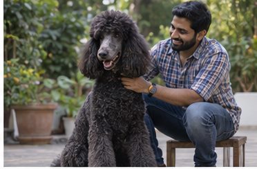 Illustration of people spending time with a Giant Poodle at home or outdoors