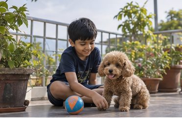 Illustration of people spending time with a Miniature Poodle at home or outdoors