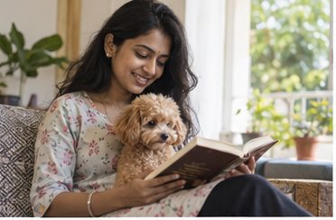Illustration of people spending time with a Toy Poodle at home or outdoors