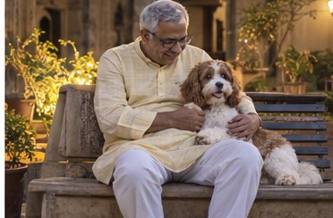 An older man sits on a bench outdoors with a brown-and-white dog
