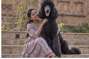 Illustration of people spending time with a Giant Poodle at home or outdoors
