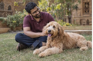 Illustration of people spending time with a Goldendoodle at home or outdoors
