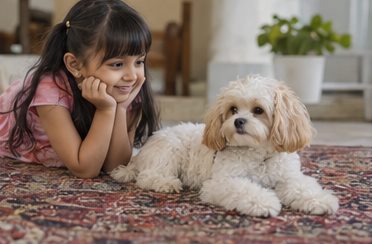 A child lies on a rug beside a small fluffy dog.
