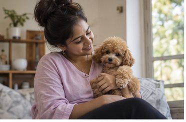 Illustration of people spending time with a Toy Poodle at home or outdoors