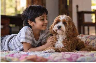 A child lies on a bed beside a brown-and-white curly dog