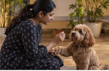 Illustration of people spending time with a Cockapoo at home or outdoors