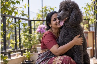 Illustration of people spending time with a Giant Poodle at home or outdoors