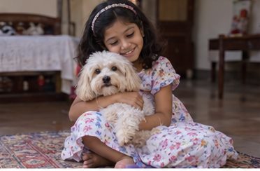 A child hugs a small white dog while sitting on a rug.
