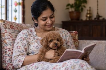 Illustration of people spending time with a Toy Poodle at home or outdoors