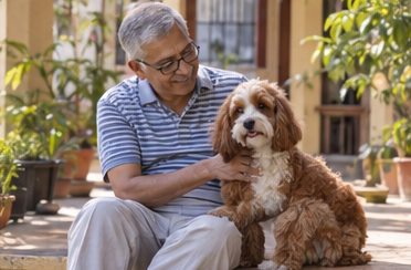 An older man sits outdoors beside a brown-and-white curly dog