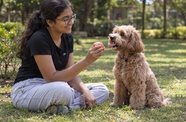 Illustration of people spending time with a Cockapoo at home or outdoors