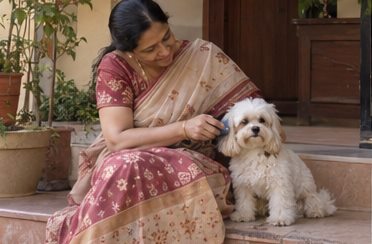 A woman sits on the floor beside a small white dog.