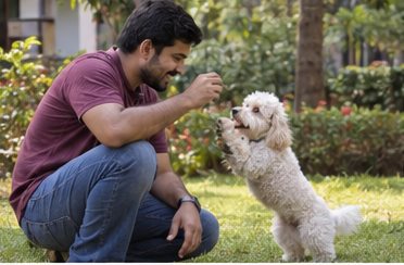 Illustration of people spending time with a Miniature Poodle at home or outdoors