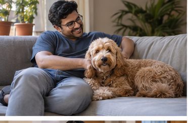 Illustration of people spending time with a Goldendoodle at home or outdoors