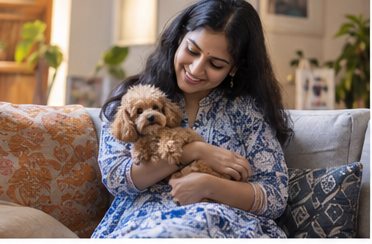 Illustration of people spending time with a Toy Poodle at home or outdoors