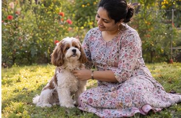 A woman in a patterned sari sits with a brown-and-white dog in a garden